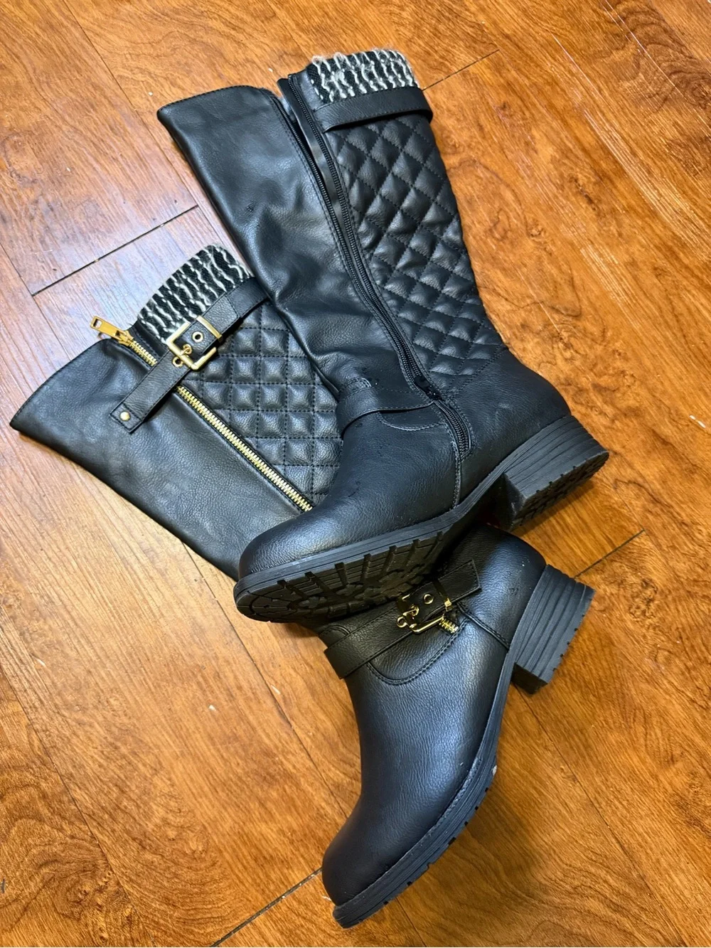 Quilted Over-the-Knee Women's Boots with Knit Cuff - Black